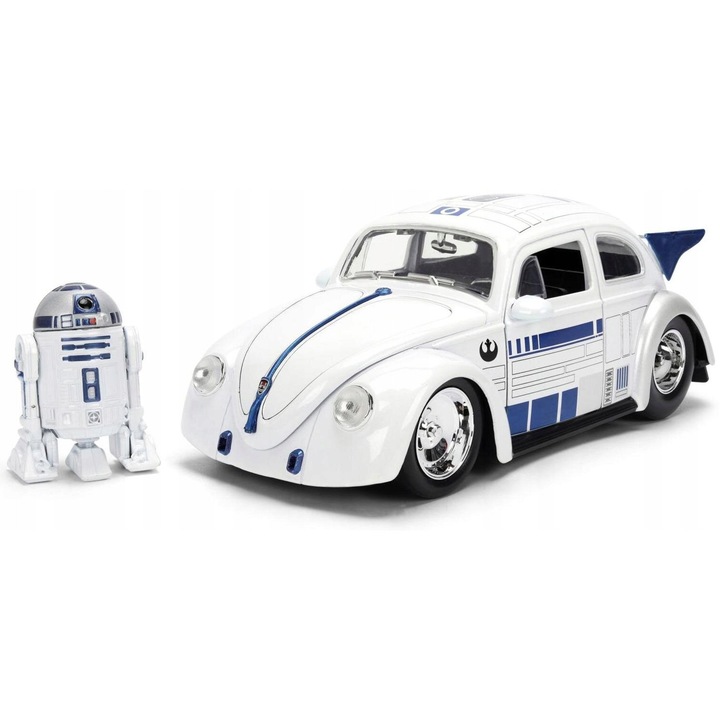 Fém autó 1:24, Jada Toys, Volkswagen Drag Beetle 1959, R2-D2 figura, fehér, 17x7cm, szett