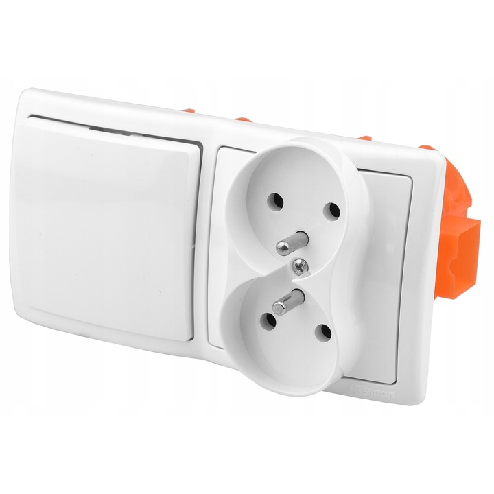 Gniazdo zasilajace podwojne 230V si wlacznik swiatla pojedynczy, bialy, 7,8x7,8x1cm