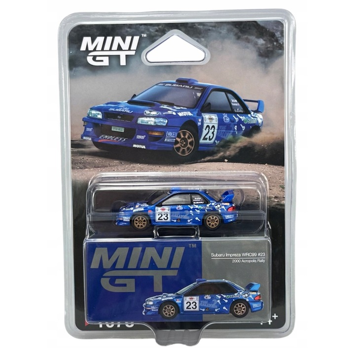 Mini GT Subaru Impreza WRC99 1:64, fém replika, kék szín, méretek 7,5cm