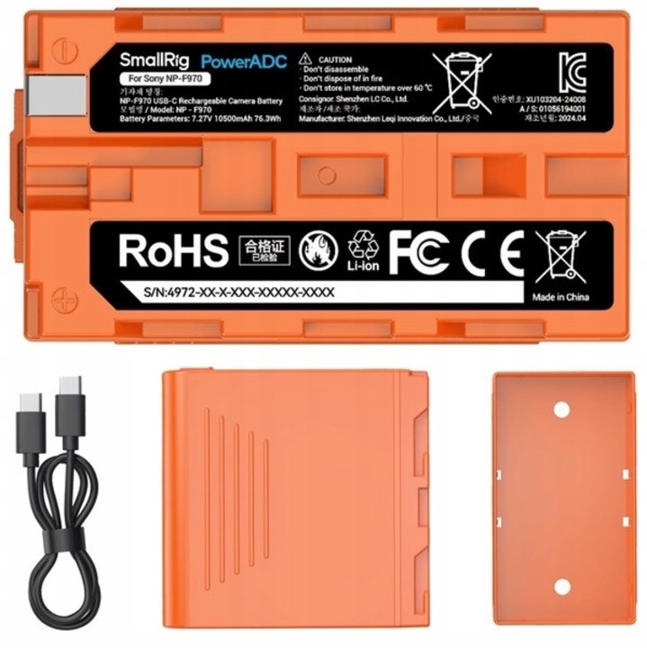 Acumulator NP-F970 cu incarcare USB-C 10500mAh, SmallRig, port USB-A, port USB-C, portabil, portocalie