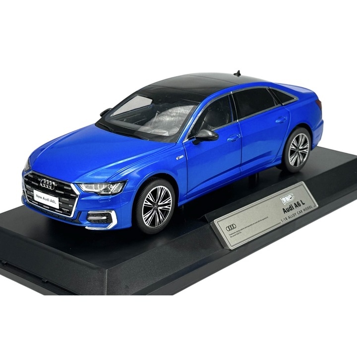 Fém autó Audi A6 L C8, kék, 1:18, nyitható ajtókkal és motorháztetővel, méretek 27,5x12,5x8cm