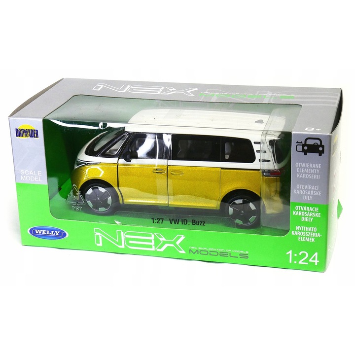 Volkswagen ID. Buzz modellautó, Welly, 1/27, sárga-fehér, 19,5x9x6,5cm