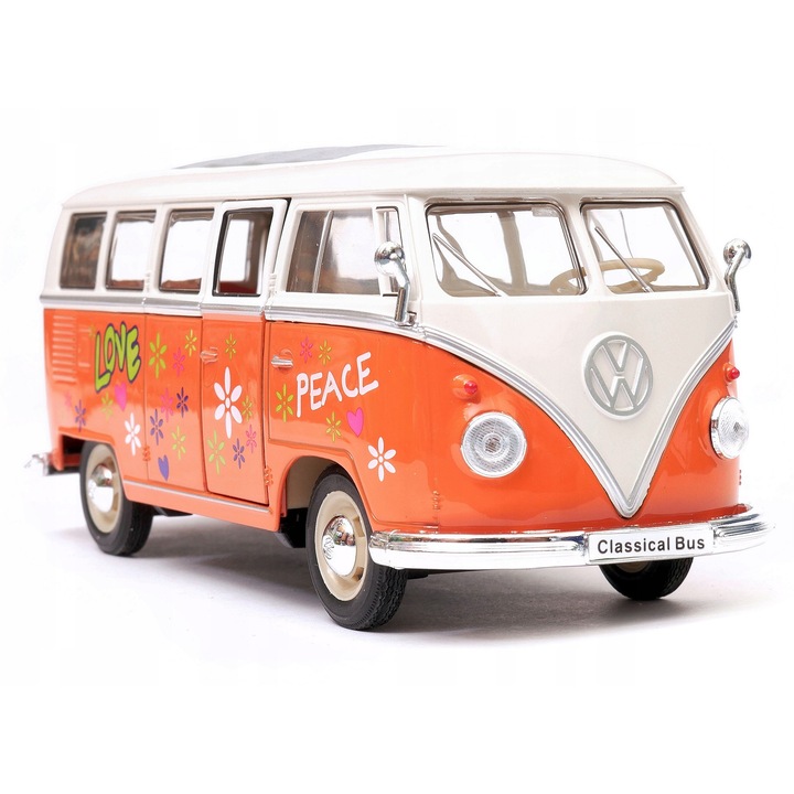 Welly Volkswagen T1 Bus 1963 autómodell, 1:24, fém, nyitható ajtók, kormányozható kerekek