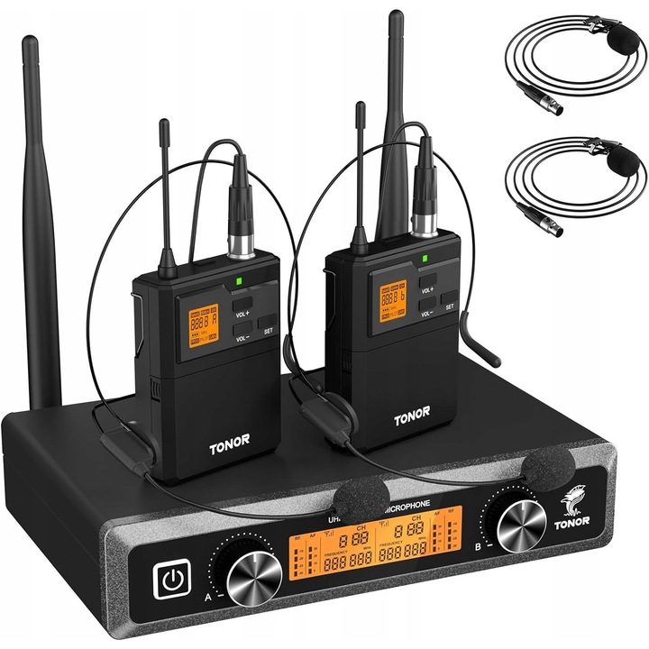 Sistem microfoane wireless Tonor UHF, set cu 2 microfoane lavalier, 60m, 823-832 MHz