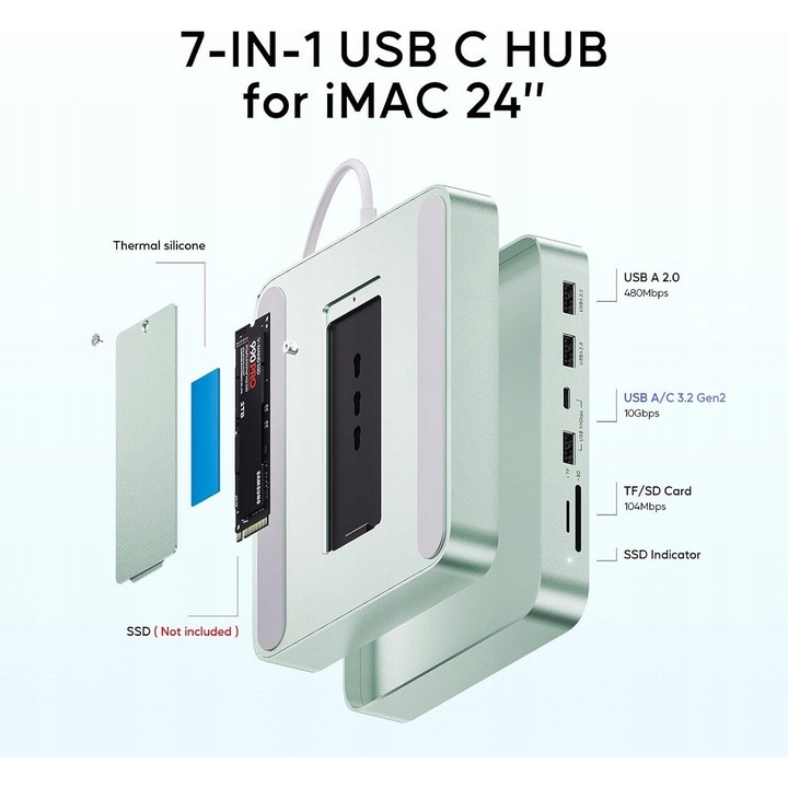 Hub USB-C PULWTOP 7 in 1, suport M.2 NVMe SSD, albastru