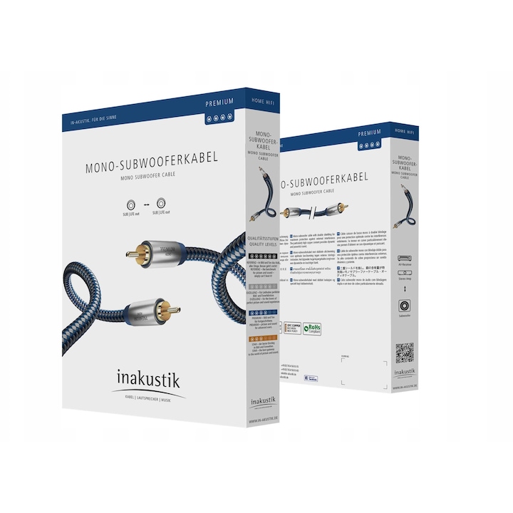 Cabluri subwoofer RCA-RCA In-Akustik Premium, 2m, metalice, cupru OFC