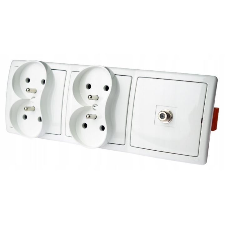 Gniazdo F telewizyjne si 4 gniazda de alimentare 230V, Simon Basic, alb, 7,8x22,2x1cm