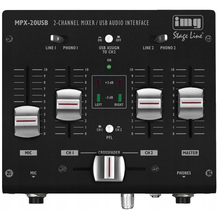 Mixer audio 3 canale IMG Stage Line MPX-20USB, interfata USB, 4 canale, 5 intrari, 150x70x140mm