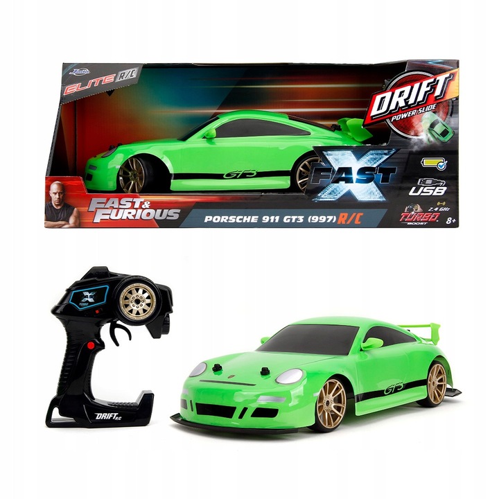 Masinuta R/C Porsche 911 GT3 (997), Jada Toys, verde, 38x15x11cm, cu functie drift, set complet