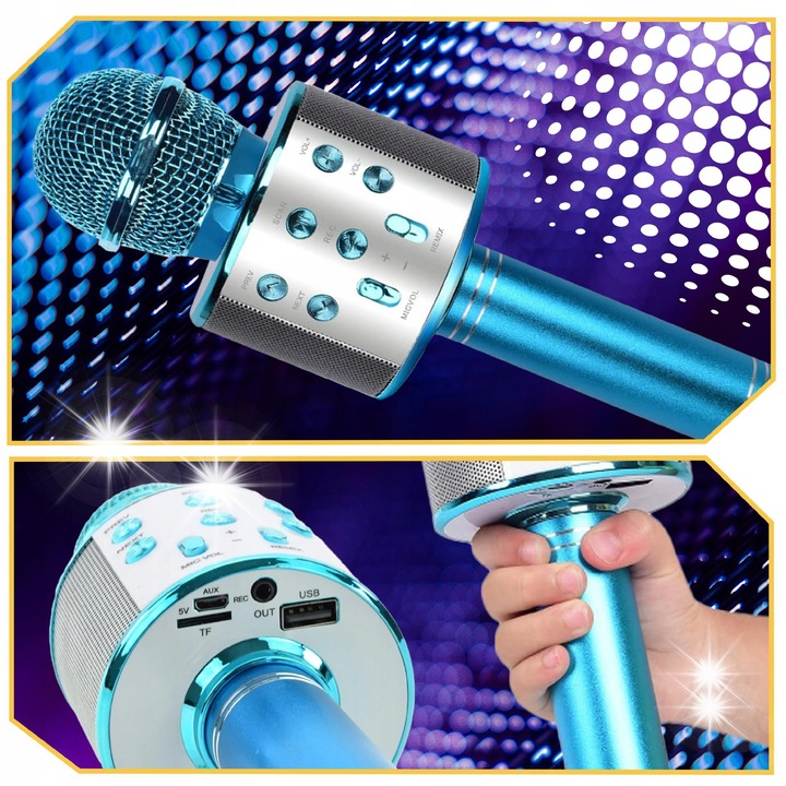 Mikrofon karaoke fara fir cu difuzor, albastru, 7,5x7,5x23cm, set complet