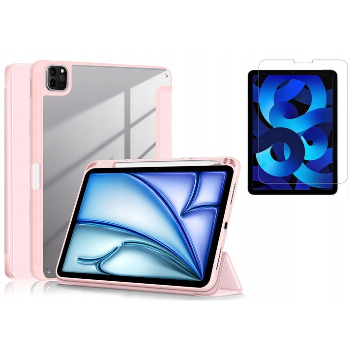 Etui Clear Smart PENCIL + sticla securizata pentru Apple iPad AIR 4 10.9" 2020 / iPad AIR 5 10.9" 2021/2022, roz