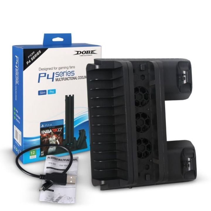 Support racire 3 in 1 pentru PlayStation 4, cu 3 ventilatoare, 2 statii de incarcare, suport pentru 12 jocuri, negru, 254x205x68mm