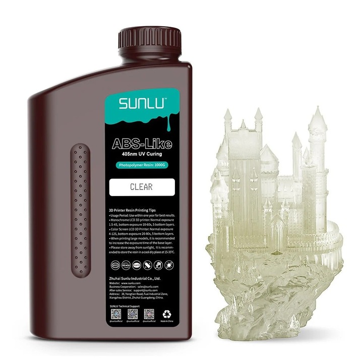 Смола за 3D принтер Sunlu ABS-Like, миеща се с вода, UV втвърдяване 405 nm, съвместима с LCD, прозрачна, 1000g