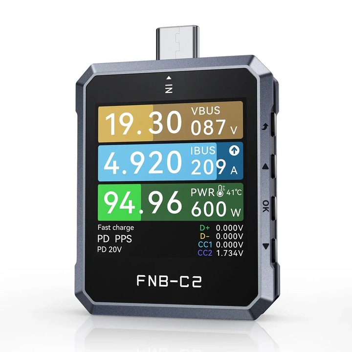 Tester alimentare USB tip C Fnirsi FNB-C2, analizor putere PD3.1 EPR pana la 240W, afisaj 1,54 inchi 240×240, masurare 4-50V 0-6,5A, Negru/Gri, 1 buc