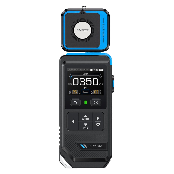 Луксметър FNIRSI FPM-02 3 в 1, мониторинг на осветеност, температура и влажност, 2" цветен екран, черен и син, 63x28x182мм