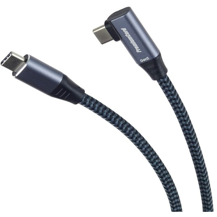 Cablu PremiumCord USB-C 3A 60W 20Gbps 2m, impletit, conector unghiular