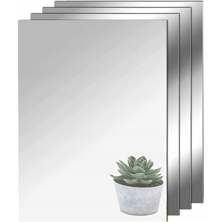 Set 4 panouri decorative autoadezive cu oglinda pentru perete, argintiu