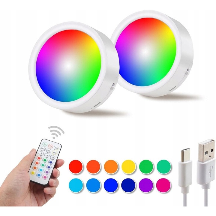 Set 2 lampi LED RGB cu telecomanda, 1000mAh, 8,5x3,2cm, multicolor