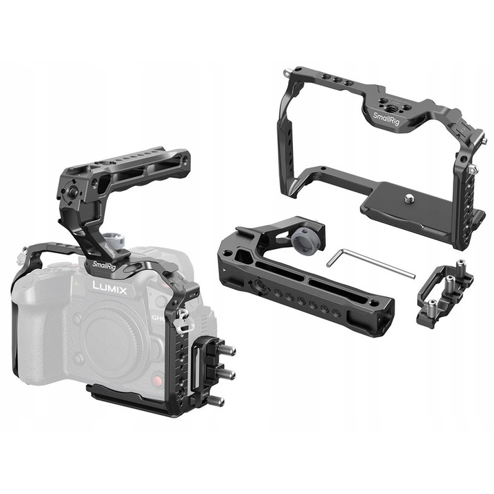 Комплект клетка 4825 HawkLock за Panasonic Lumix GH7/GH6, с горен държач, HDMI и USB-C кабел, компактни размери