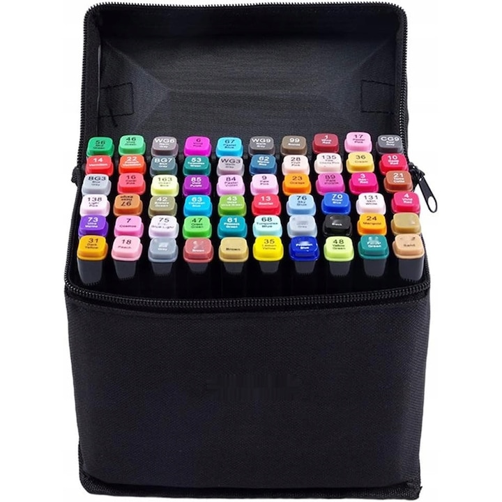 60 darabos alkoholos marker készlet, két heggyel, vegyes színek, tokkal