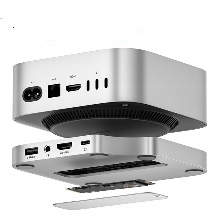 Statie de andocare cu Hub pentru Mac Mini M4/M4 Pro, HDMI 4K, 4TB SSD M.2, Aluminiu Sclipitor, Dimensiuni 12.7x12.7x1.5cm