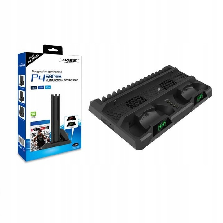 Support racire 3 in 1 Dobe pentru PlayStation 4, SLIM, PRO, cu 2 ventilatoare, 2 statii de incarcare pentru controlere, suport pentru 16 jocuri, negru, 316x189x40mm