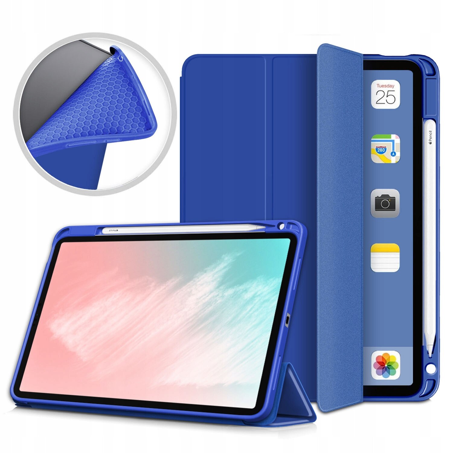 Etui Smart Cover pentru iPad Air 4 2020 si iPad Air 5 2022, cu suport pentru rysik, albastru, set cu sticla securizata 9H