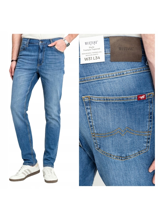 Férfi farmer, Mustang, Style Tramper Tapered, Egyenes szabás, Közepes derék, Hosszú, 5 zseb, Cipzár, Pamut, Kék, Kék