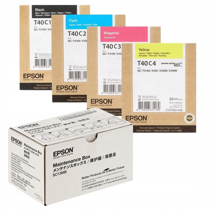 4 db T40C CMYK tintapatron + C13S210057 használt tintatartály készlet, EPSON SureColor SC-T2100 SC-T3100