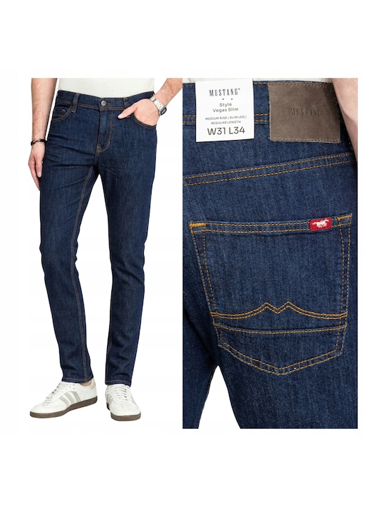 Blugi Barbati, Mustang, Vegas Slim, Slim Fit, Talie Medie, Lungi, 5 Buzunare, Fermoar, Bumbac, Albastru, Albastru
