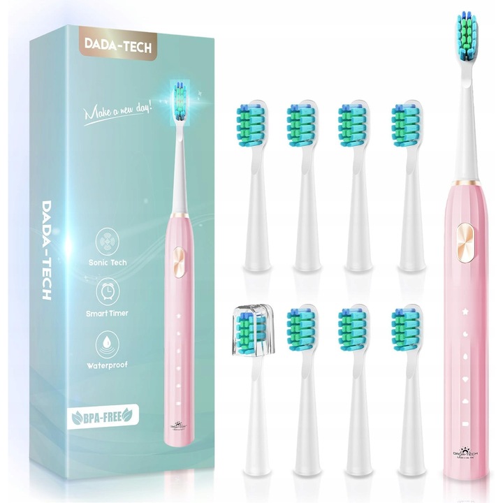 Periuta de dinti electrica, DADA-TECH, sonica, 5 moduri, 9 capete, roz