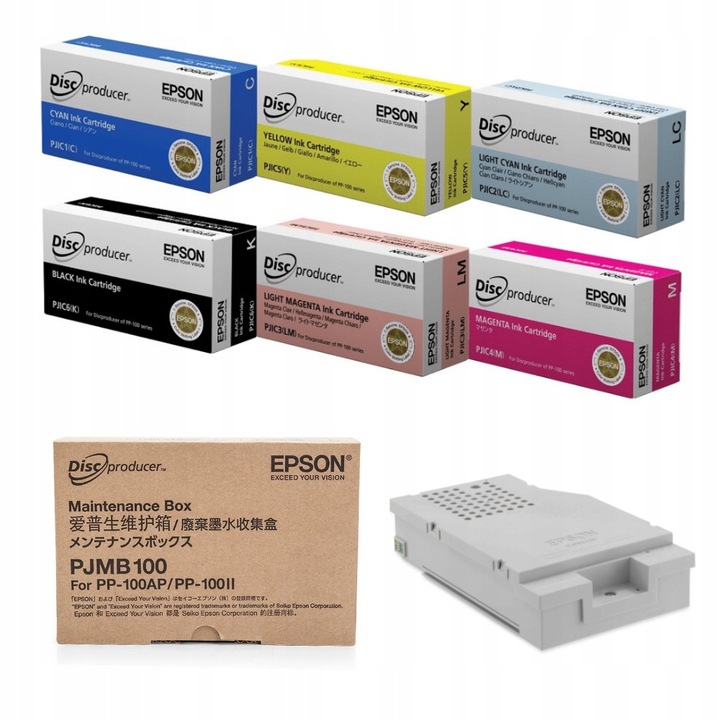 Eredeti EPSON PJIC CMYK tintapatron készlet 6x26ml + használt tintagyűjtő tartály, Discproducer PP50, PP100 nyomtatókhoz