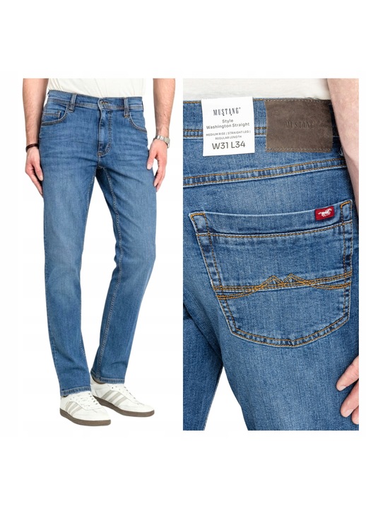 Blugi Barbati, Mustang, Style Washington, Straight Fit, Talie Medie, Lungi, 5 Buzunare, Fermoar, Bumbac, W36-L32 US, Albastru