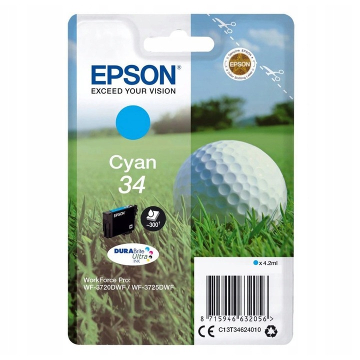 EPSON DURABrite Ultra 34 tintapatron, cián, 4.2ml, 300 oldal, 1 db-os készlet.