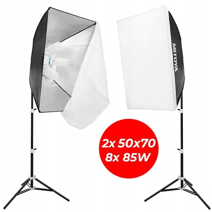 Set softbox 50x70cm MITOYA, 8x85W, 2 stative PENGUIN 230cm