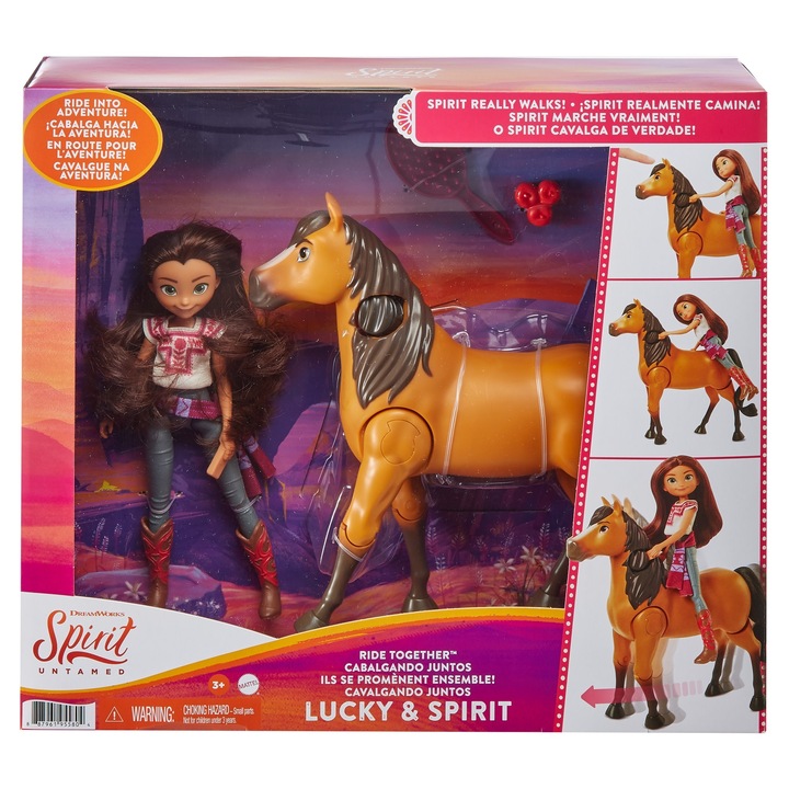 Set papusi Mustang: Duch al libertatii cu Lucky si figurina Duch, 17,5cm si 20cm, multicolor