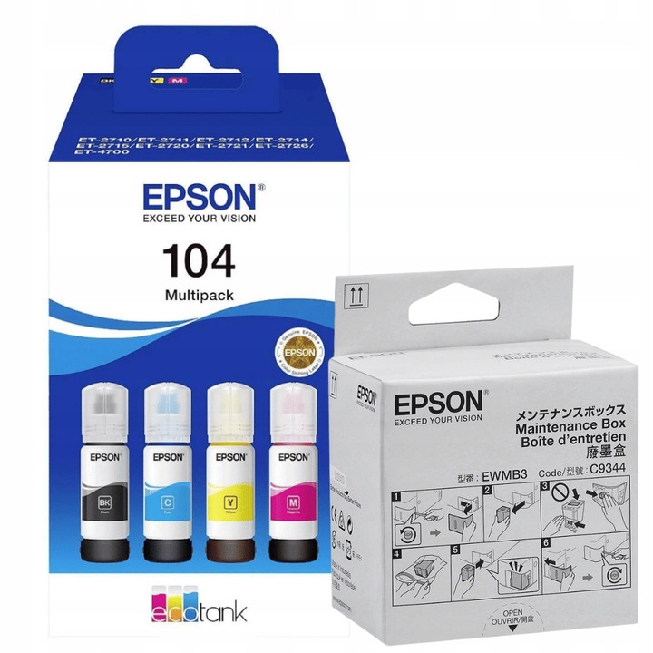 Eredeti Epson 104 T00P6 tintapatron készlet (4 db) + C9344 karbantartó doboz, EcoTank ET-14100, ET-1810, ET-2830, ET-2840, ET-4700, ET-4800, ET-4810 nyomtatókhoz