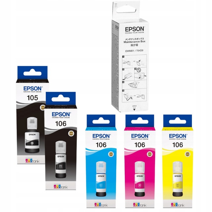 Epson 105 106 T00Q T00R nyomtatópatron készlet + C13T04D000 karbantartó doboz