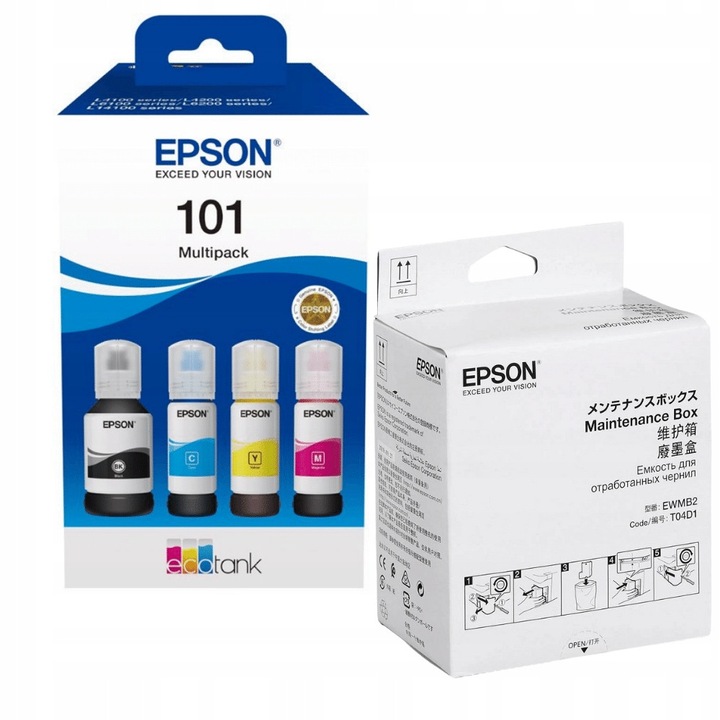 Tintasugaras nyomtatópatron, Epson 101 T03V6 C13T03V64A + karbantartó doboz C13T04D100, eredeti, többszínű