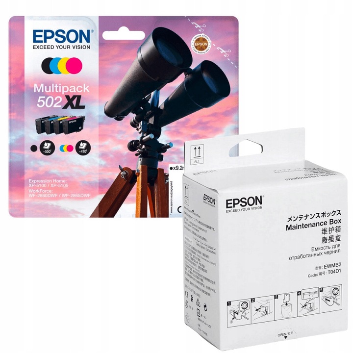 Tintasugaras nyomtatópatronok, Epson, 502XL T02W6 C13T02W64010, 4 darabos készlet, használt tintatartállyal C13T04D100
