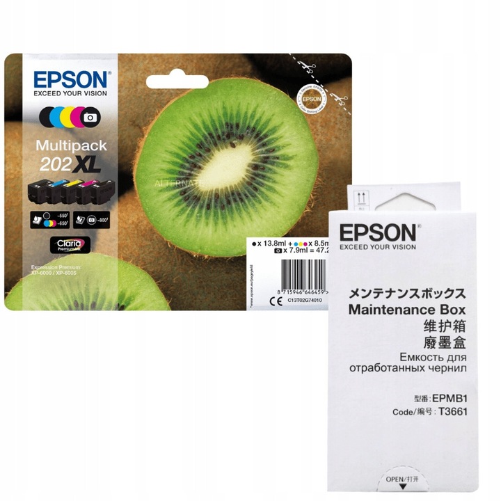 Epson T3661 karbantartó doboz + 5 db 202XL C13T02G74010 tintapatron készlet, eredeti, tintasugaras nyomtatókhoz