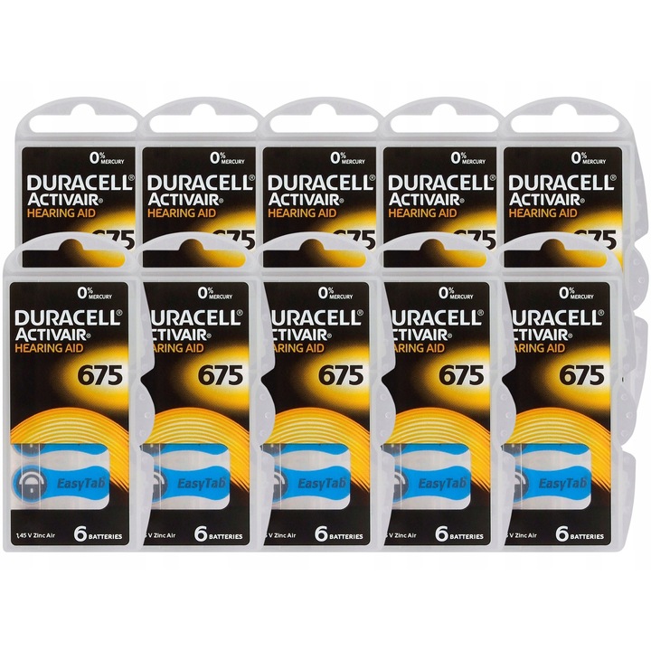 60 db Duracell DA675 hallókészülék elem készlet, cink-levegő, 1,45V, 650mAh