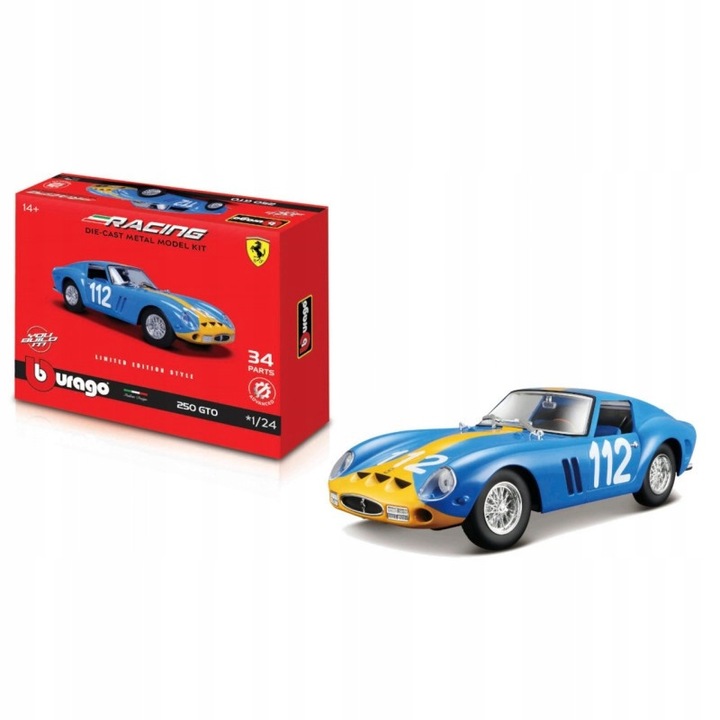 Kit model auto Bburago 1:24 Ferrari 250 GTO, metalic, cu elemente mobile, albastru