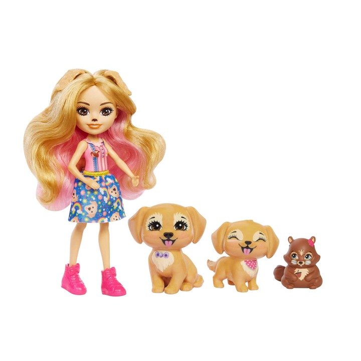 Комплект за игра Enchantimals, Gerika Golden Retriever, 15 см, 2 кученца, 1 катерица, многоцветен