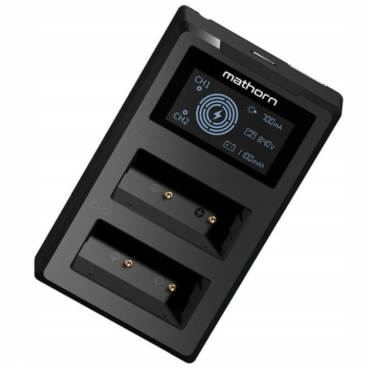 Incarcator dual Mathorn MBC-D130 USB-C pentru baterii Fujifilm NP-W126S, cu display LCD, 1000mA, cablu USB-A integrat, 18cm