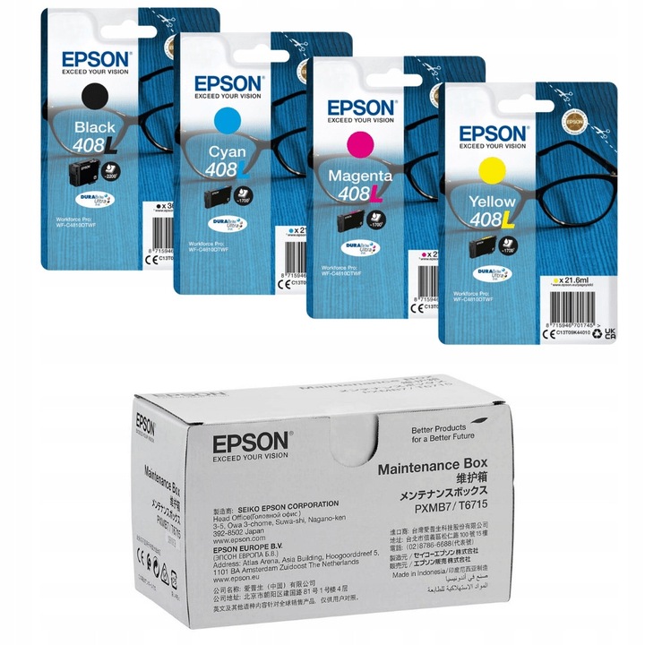 Set cartuse imprimanta Epson 408L T09K, 4 bucati + cutie de intretinere C13T671500, pentru WF-C4310DW, WF-C4810DTWF