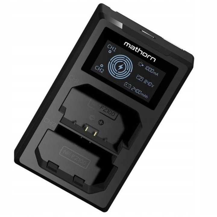 Incarcator dual Mathorn MBC-D220 USB-C pentru baterii Sony NP-FZ100, cu ecran LCD, 1000mA, cablu USB-A inclus