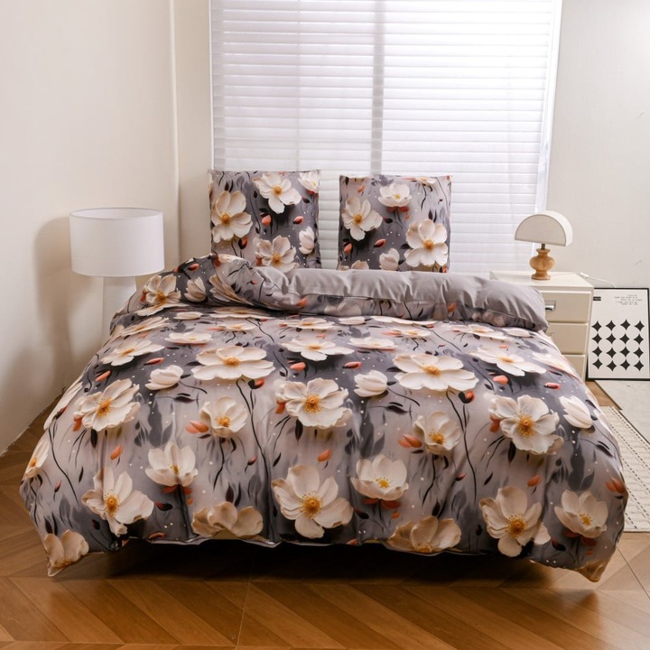 Set de lenjerie de pat 200x220 din satin de bumbac, model 5D, fata-verso, GierekHoff, gros, 3 piese GH 3119, flori pe fundal gri