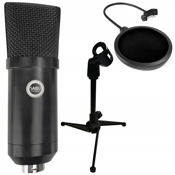 Mikrofon poiemnosciowy USB SAIBU MU-1, set cu stativ biurkowy KH12 si POP filtr PS1, negru