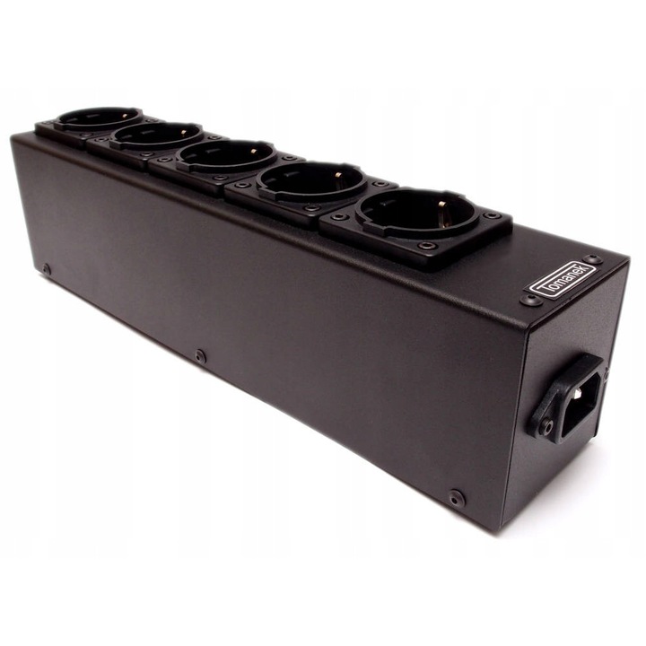 Tomanek TAP5S+ hosszabbító, 5 Schuko aljzat, 4 Schaffner szűrő, 1 DC-blokkoló, fekete, 70x90x310mm